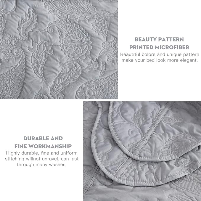 HZ & HY Oversized King Bedspread 138x122 Extra Wide, Quilted Coverlet Bedding Set, Lightweight Thin Comforter, Reversible, Luxurious, 5 Piece, 100% Microfiber, California/Alaskan King, Grey