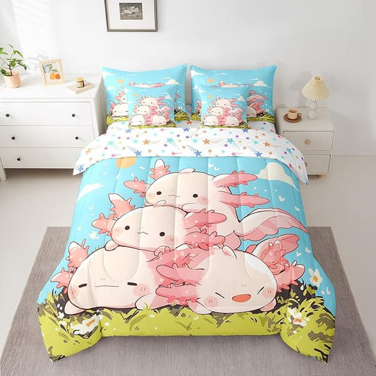 Feelyou Kids Cute Axolotl 7 Pieces Bedding Set Twin Size, Cartoon Salamander Bed in A Bag Ocean Sealife Comforter Set with Sheets Boys Girls Kawaii Animal Teens Bed Set Bedroom Decor 7Pcs