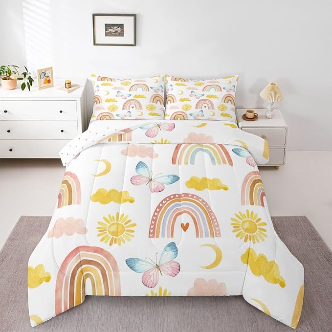 Rainbow Comforter Set Full Size, Girls Butterfly Bedding Sets, Cartoon Rainbow Quilt Sets, Colorful Sun Clouds Comforters, Iridescent Print Down Comforter, Geometric Stripes Soft Lightweight Bedding