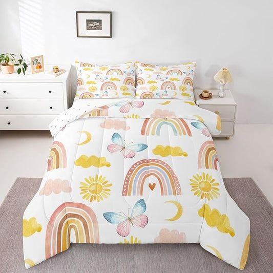 Rainbow Comforter Set Full Size, Girls Butterfly Bedding Sets, Cartoon Rainbow Quilt Sets, Colorful Sun Clouds Comforters, Iridescent Print Down Comforter, Geometric Stripes Soft Lightweight Bedding