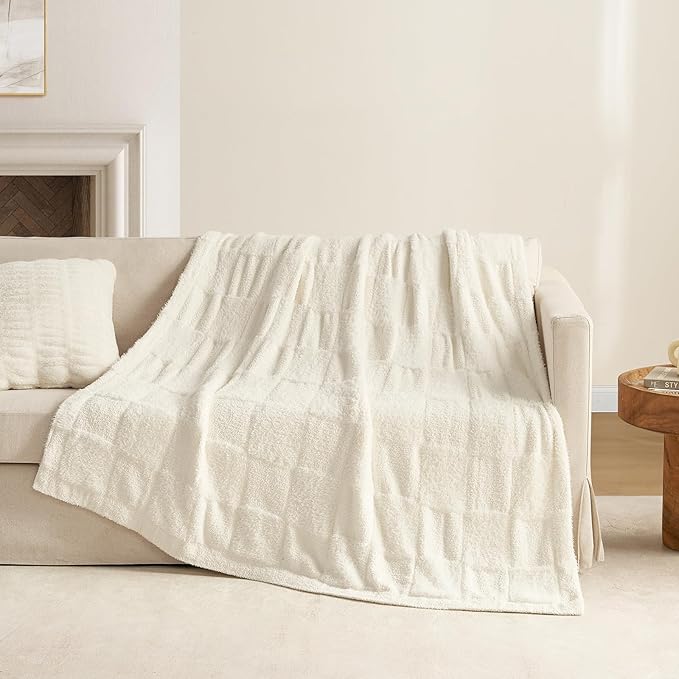 Snuggle Sac Checkered Throw Blanket Faux Fur Microfiber Blankets for Couch,Cozy Soft Warm Blanket for Sofa Bedroom Living Room,Solid Ivory,60x80 inches