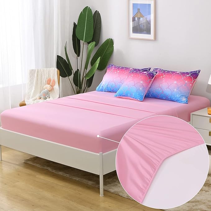 JQinHome Twin Size Mermaid Comforter Set, 6 Piece Bed in A Bag 3D Colorful Bedding Set for Girls Kids (1 Comforter,2 Pillowcases,1 Flat Sheet,1 Fitted Sheet,1 Cushion Cover)(Pink Mermaid Scale)