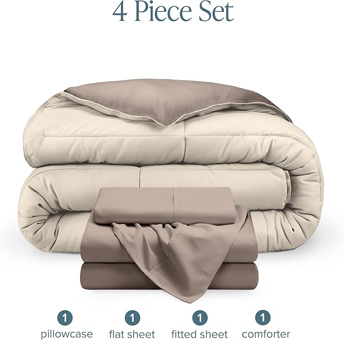 Bare Home Reversible Bed-in-A-Bag Comforter & Sheet Set - Twin Extra Long - Down Alternative - Soft - Bedding Set (Twin XL, Taupe/Sand, Taupe)