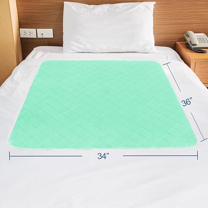 Bed Pads Washable Waterproof 2 Pack for Incontinence, Large 34 x 36 inch Absorbent Underpads, Reusable Pee Pads for Kids, Adults, Pets, Green