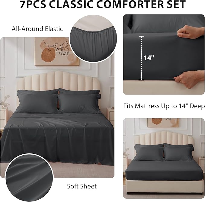 King Comforter Set Dark Grey - Bed in a Bag King Size 7 Pieces, Soft Bedding Set for All Seasons, Premium King Comforter Set with Comforter, Sheets, Pillowcases & Shams