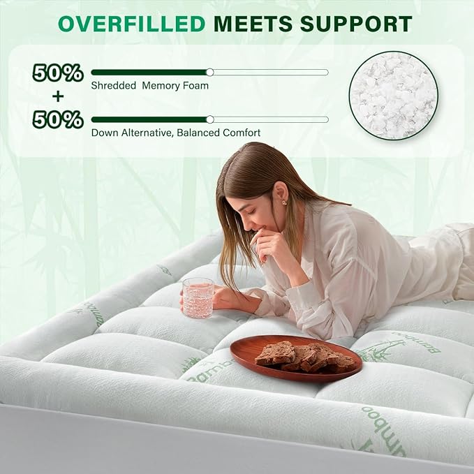 Anluoer Mattress Topper Queen Rayon Derived from Bamboo, Memory Foam Pillow Top Mattress Topper for Back Pain Relief, Thick Soft Mattress Pad with 8-21" Deep Pocket, 60x80 Inches, White