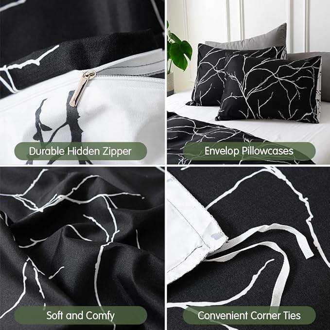 Lekesky Reversible Duvet Cover Queen Size, Black Branch Comforter Cover Queen 3pcs Microfiber Botanical Bedding Set with Zipper Closure Corner Ties