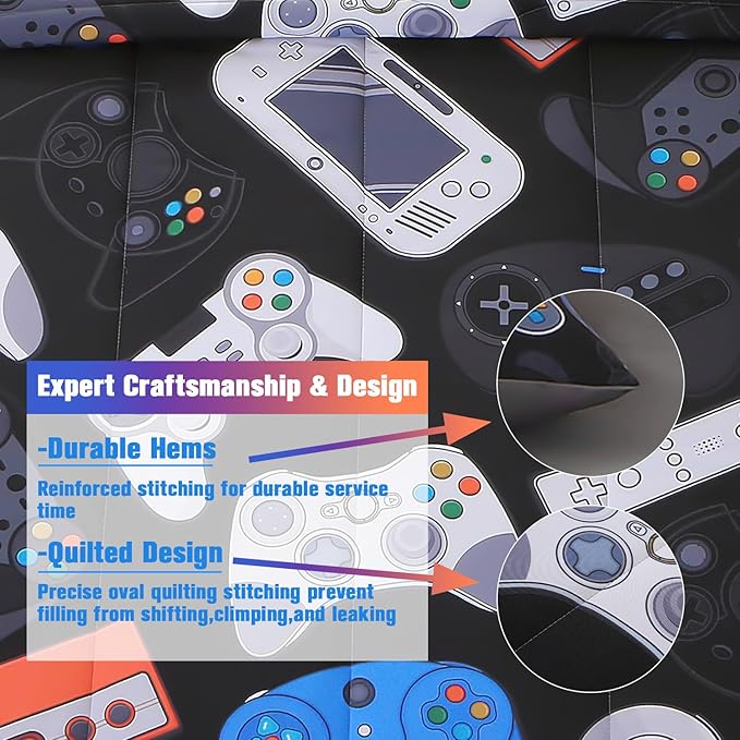 JQinHome Queen Gamer Comforter Set for Boys,6 Piece Bed in A Bag 3D Video Game Bedding -All Season Soft Microfiber Down Alternative Comforter Gamer Bedding Sets for Kids(Gamepad Collection)
