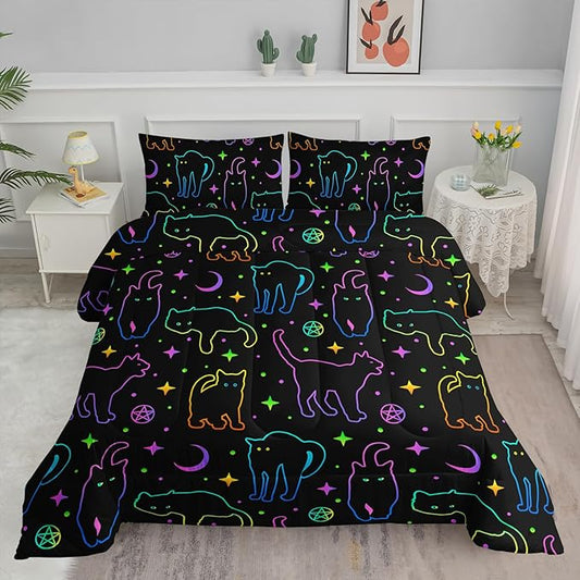 Black Cat Bedding Cartoon Cat Comforter Set Full,Moon Stars Printed Kids Bedding Set for Boys Girls Adults Room Decor,Kids Comforter Set All Season,1 Quilt 2 Pillow Cases,Neon Color Blue Green