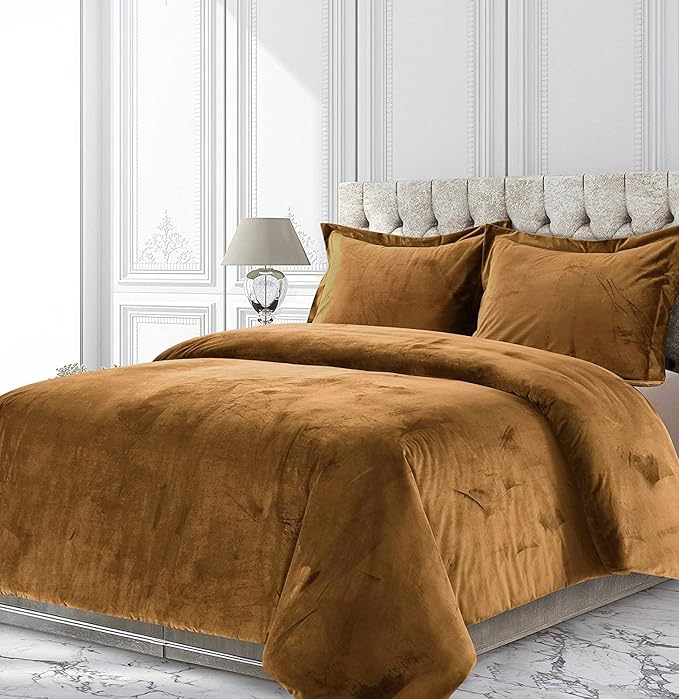 Taupe 5 Piece Velvet Comforter Set Full Size (Comforter + 4 Pillowcases) Crinkle Crushed 400 GSM