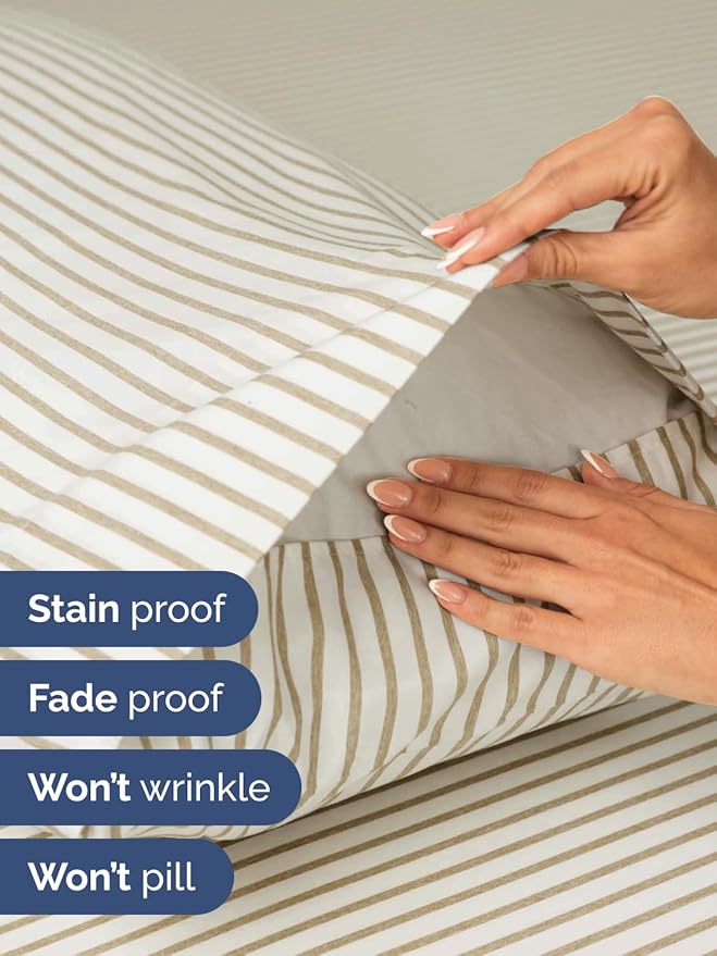 Extra Deep Full Sheet Set - 6 Piece Breathable and Cooling Sheets - Hotel Luxury Bedding for Women, Men, Kids & Teens - Easy Secure Fit - Soft and Wrinkle Free with Extra Deep Pockets - Beige Stripes