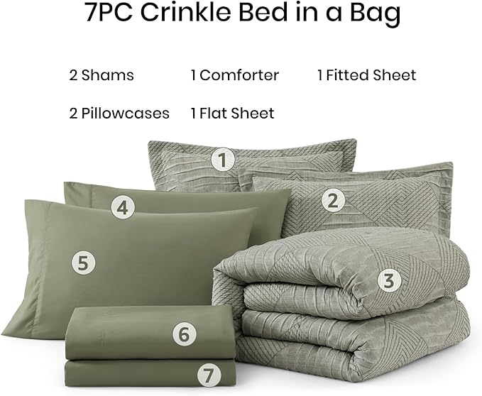 MaiRêve King Comforter Set Crinkle Textured, Light Olive Green Diamond Boho Bedding Set 7 Pieces Bed in A Bag, All Season Geometric Comforter Set with Sheets, Pillowcases & Shams
