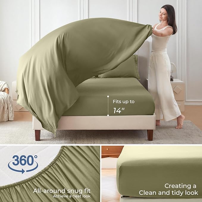 Sasttie King Size Comforter Set, 7 Pieces Bed in a Bag King, Complete Bedding Set Includes Comforter, Flat Sheet, Fitted Sheet, Pillowcases and Pillow Shams, Olive & Light Grey