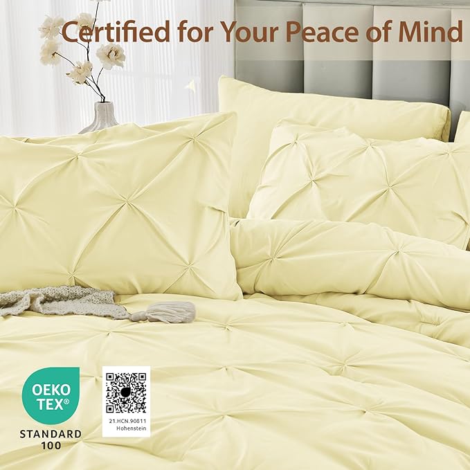 Sasttie Twin Comforter Set, 5-Piece Bed in a Bag, Pintuck Bedding Sets for All Season, Includes Comforter, Flat Sheet, Fitted Sheet, Pillowcase and Pillowsham, Cream Yellow