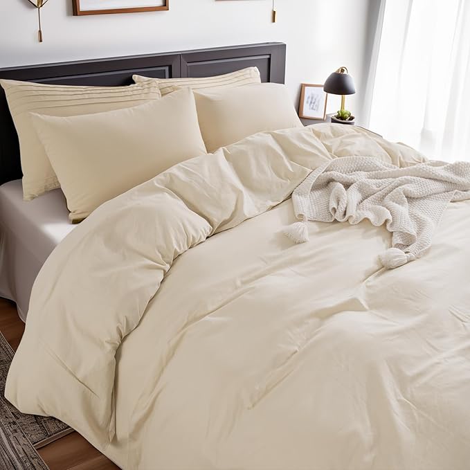 NEXHOME PRO Cotton Duvet Cover Oversized Queen 92"x98" Linen Look Textured Organic Natural 100% Washed Cotton Duvet Cover 3 Pieces Bedding Set Zipper Closure, Breathable (No Comforter)