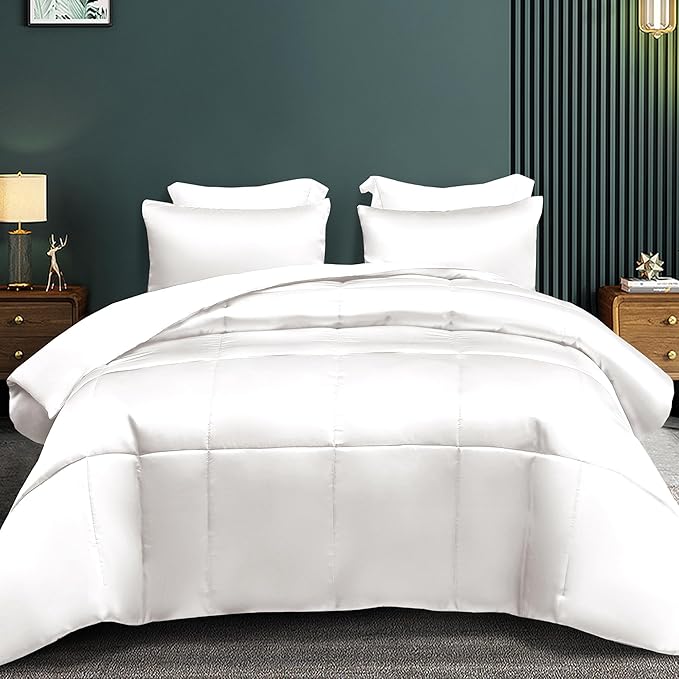 Whale Flotilla 3-Piece Reversible Silky Soft King Size Comforter Bedding Set, Luxurious Satin Comforters Oversized with 2 Satin Pillowcases, Lightweight Duvet for All Seasons, White