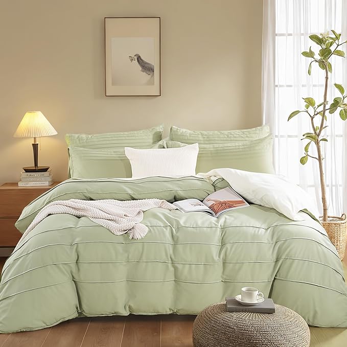 NEXHOME PRO 100% Washed Cotton Duvet Cover Twin,Linen Like Pleated Textured Sage Green Duvet Cover Set,2pc Organic Bedding Set with Zipper Closure,Soft,Lightweight Breathable(68"x90", No Comforter)