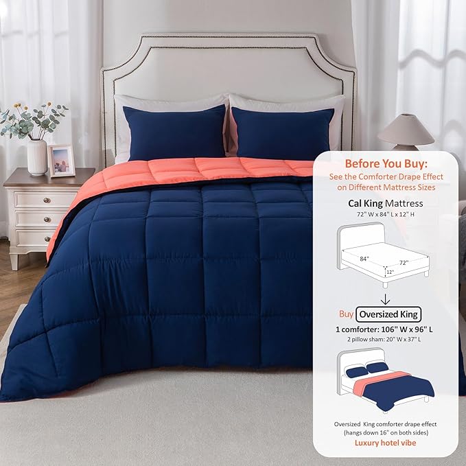 KASENTEX California King Comforter Set – Reversible Dual Color – Goose Down Alternative – Ultra-Soft, Lightweight, Machine Washable, Maintain Fluffiness, All Season Warmth (Navy/Coral)