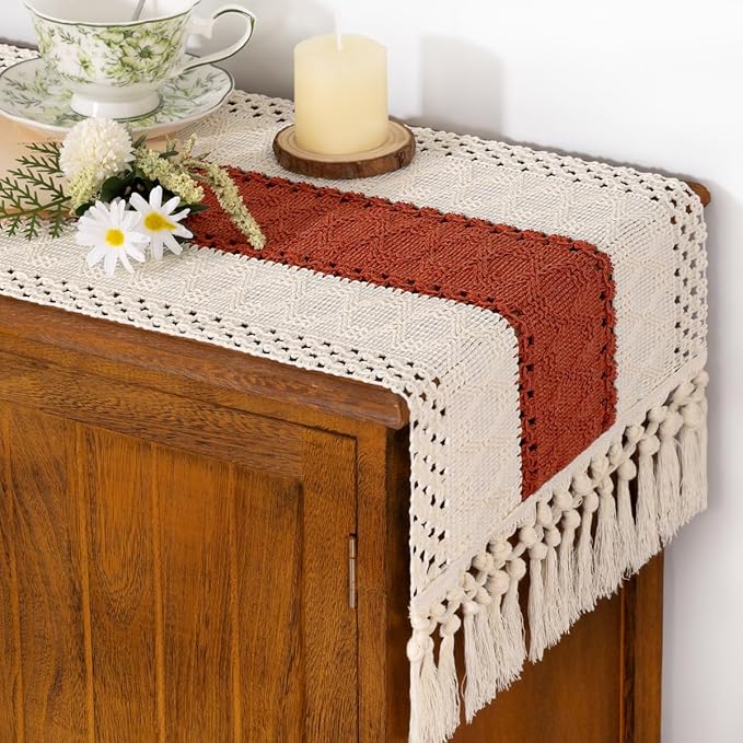 Socomi Boho Table Runner Macrame Long Easter Spring Farmhouse Woven Cotton Linen Rustic Coffee Table Runner with Tassels for Dresser Scarf Home Decor Dining Room 12x108 inch Terracotta Ivory