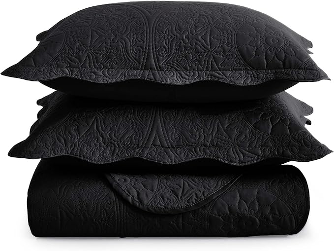 IR Imperial Rooms King Quilt Bedding Set Size (106" x 96") + 2 Pillow Shams (20" x 36"+ 2") - 3 Pcs All Season Lightweight Reversible Microfiber Coverlet Floral Embossed Quilt Bedspread (Black)