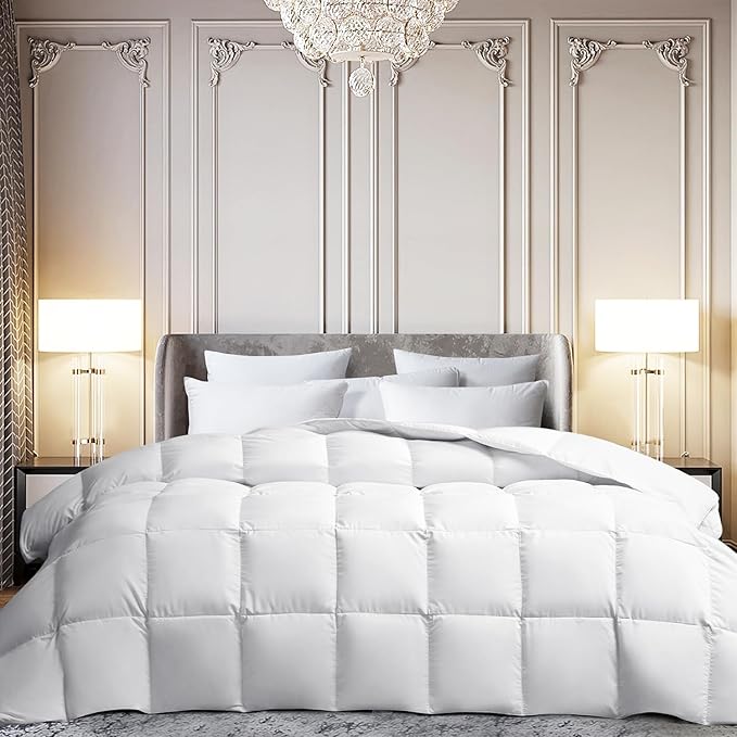 Martha Stewart White Goose Feather Down Fiber Comforter Queen Size- Lightweight Duvet Insert, Noiseless Fabric with 44oz Filled Luxury Cloud Fluffy Bed Comforter with 8Corner Loops, White 90x90inch