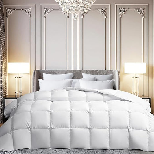 Martha Stewart White Goose Feather Down Fiber Comforter Queen Size- Lightweight Duvet Insert, Noiseless Fabric with 44oz Filled Luxury Cloud Fluffy Bed Comforter with 8Corner Loops, White 90x90inch