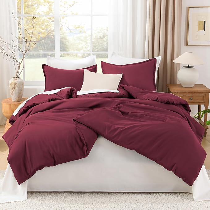 Litanika Burgundy Red Comforter Set Queen Size, 3 Pieces Lightweight Solid Bedding Comforter Set, All Season Fluffy Bed Set (90x90In Comforter & 2 Pillowcases)