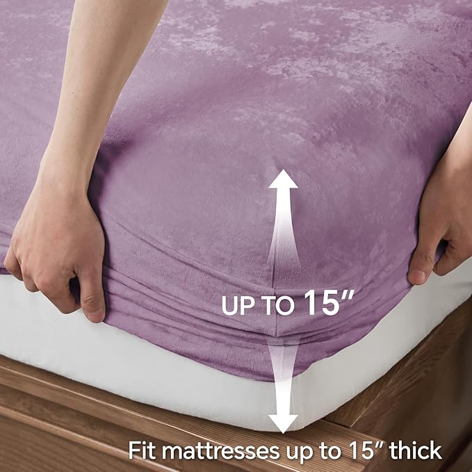 BEDELITE Velvet Fitted Sheet and Pillowcases Set, Luxury Soft Fuzzy Bottom Sheet with Reinforced Elastic Corner Straps, Deep Pocket up to 15 Inch, 1 Fitted Sheet and 2 Pillowcases (Queen, Lavender)