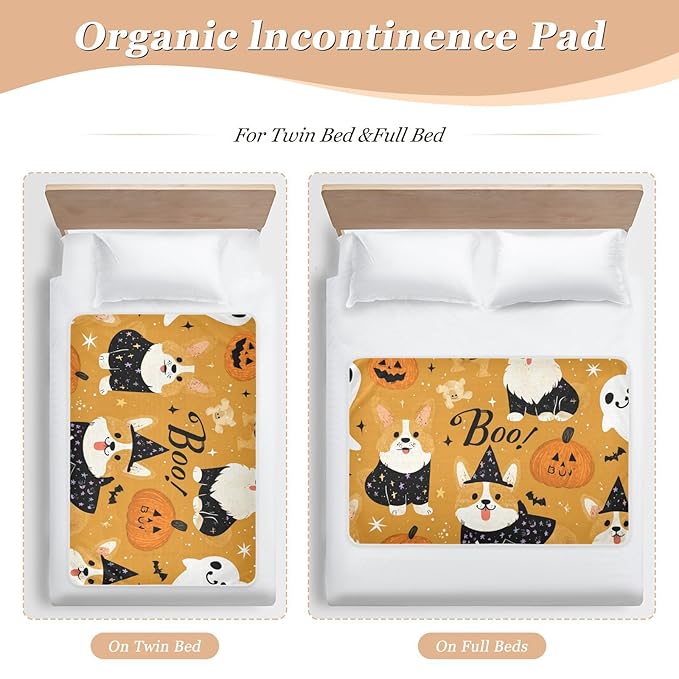 Waterproof Bed Pad Reusable Changing Pad Toddler Mattress Protector Large Pee Pad Baby Diaper Pad Soft Washable Liner Halloween Yellow Corgi Pumpkins Ghosts Stars