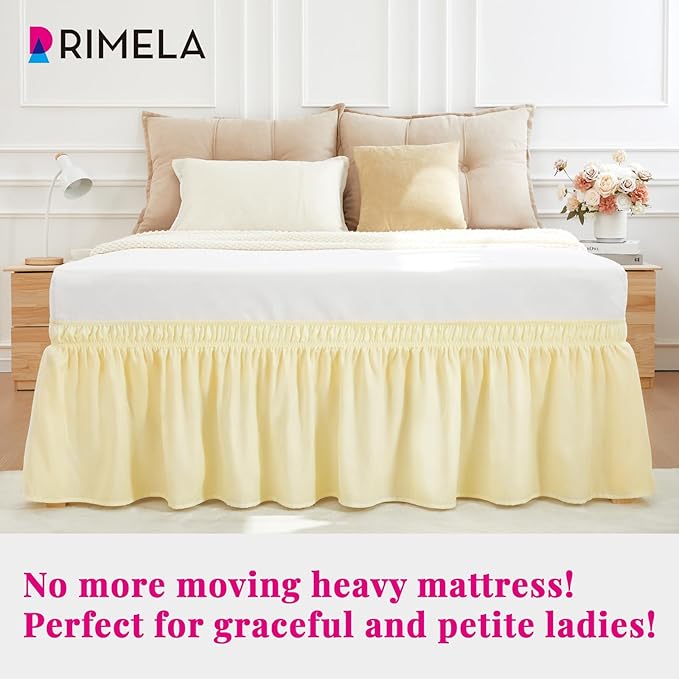 RIMELA Bed Skirt Queen Size 12 Inch Drop, Wrap Around Elastic Bedskirt Solid Microfiber Luxury Hotel Quality Fabric, Easy to Install Machine Washable Wrinkle & Fade Resistant, Light Yellow
