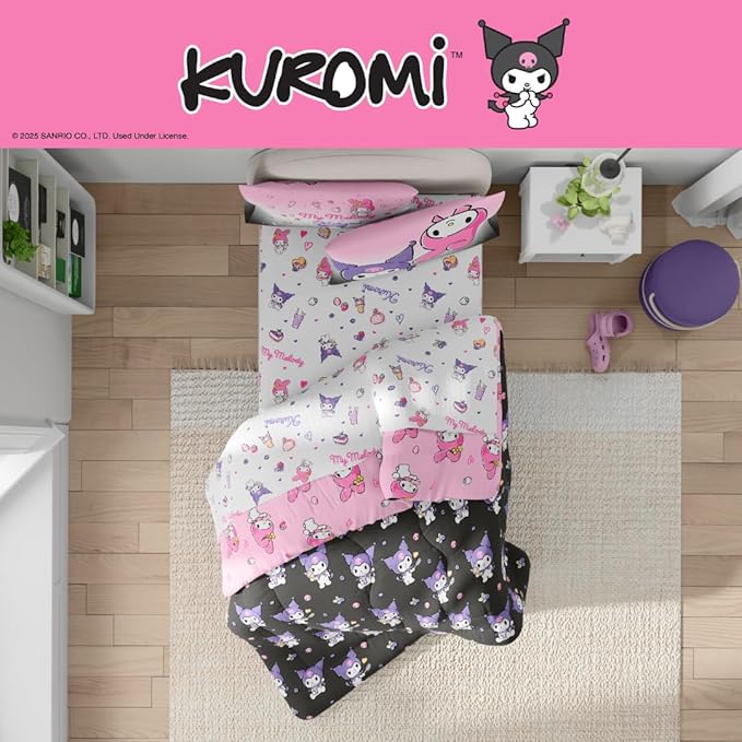 Sanrio Kuromi & My Melody Bedding 5 Piece Super Soft Cozy Reversible Comforter and Sheet Set with Sham, Twin, (Officially Licensed Product) by Franco