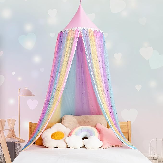 Rainbow Bed Canopy for Girls,Shiny Kids Princess Round Dome Bed Curtain with Love Heart Glitter,Kids Crib Canopy Play Tent Canopy Dreamy Bed Netting for Girls