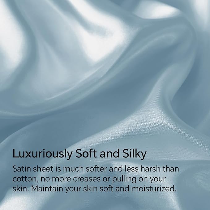 BEDELITE King Size Sheets Set, Luxury Soft Light Blue Satin Sheets for Hair and Skin, Similar to Silk Bed Sheets Set 4 Pieces with 1 Deep Pocket Fitted Sheet, 1 Flat Sheet, and 2 Pillowcases