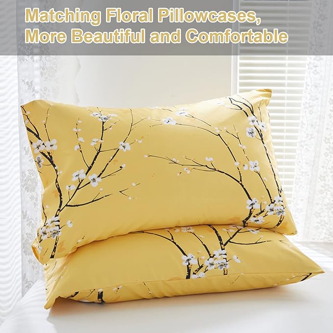 WONGS BEDDING Yellow Floral Duvet Cover Set Queen, 3 Pieces Flower Plum Blossom Printed Bedding Set with 2 Pillowcases, Botanical Branch Comforter Cover Set Queen Size 90"X90"(Not Comforter)