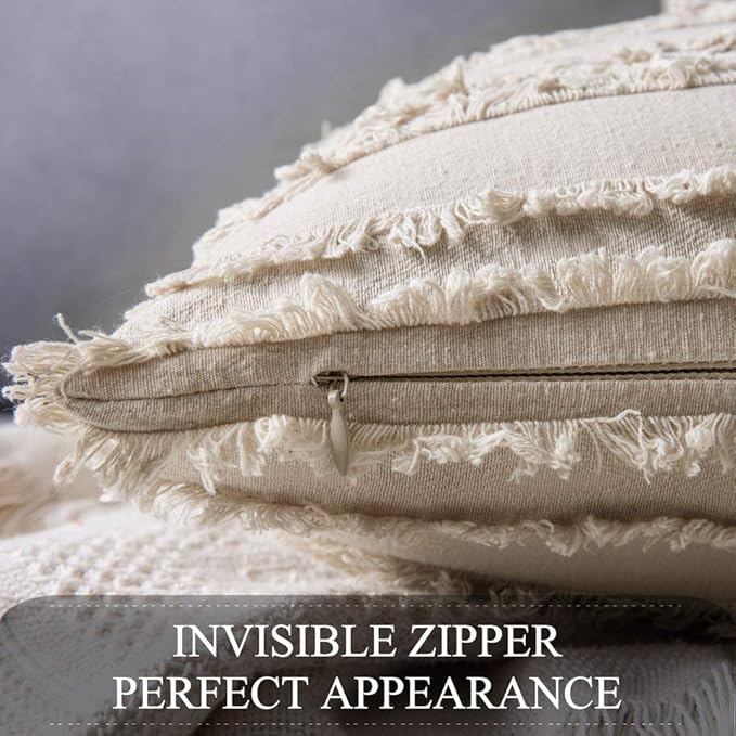 MIULEE Set of 2 Decorative Boho Throw Pillow Covers Spring Linen Striped Jacquard Pattern Cushion Covers for Sofa Couch Living Room Bedroom 12x20 Inch Beige