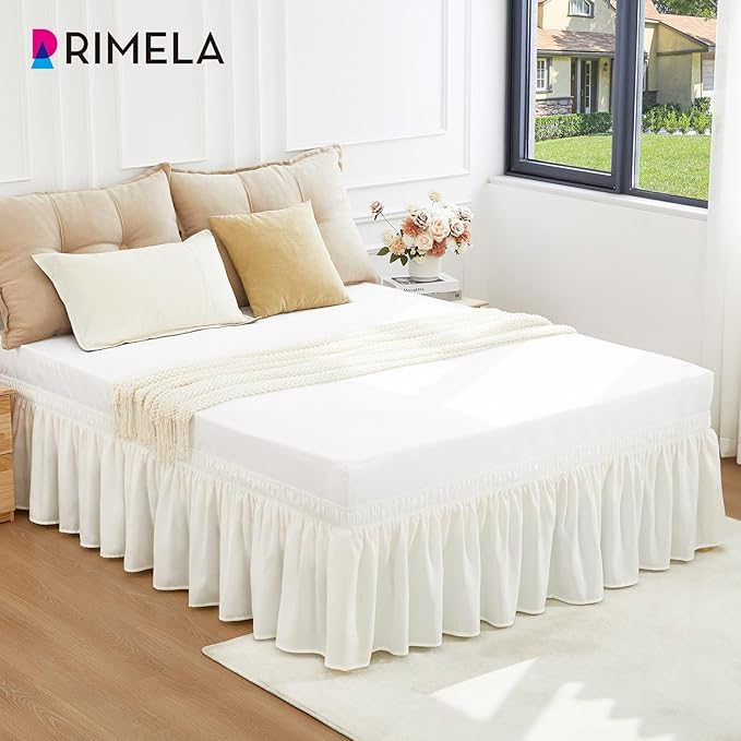 RIMELA White Bed Skirt Queen Size 12 Inch Drop, Wrap Around Elastic Adjustable Bedskirt, Bed skirting Dust Ruffle for Bed Frame & Box Spring Soft Durable Fabric Machine Washable Easy to Install
