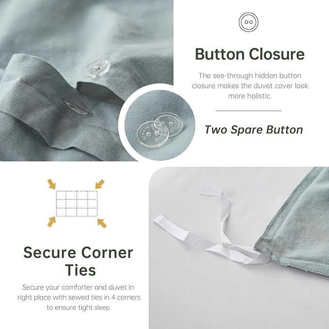 Simple&Opulence 100% Linen Duvet Cover Set, 3 PCS Natural French Flax Dusty Blue Duvet Cover Queen Size, Breathable Soft Comfy Linen Bedding Comforter Cover with 2 Pillowcases(Dusty Blue, 88"x92")