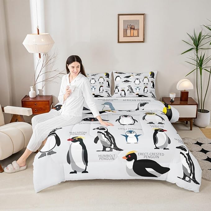 Erosebridal Penguin Comforter Set King Size,Black White Penguins Bedding Set Cute Animal Down Comforter for Kids Boys Girls Teens,Wildlife Grey Bedding Quilted Sets with 2 Pillow Cases Bedroom Decor