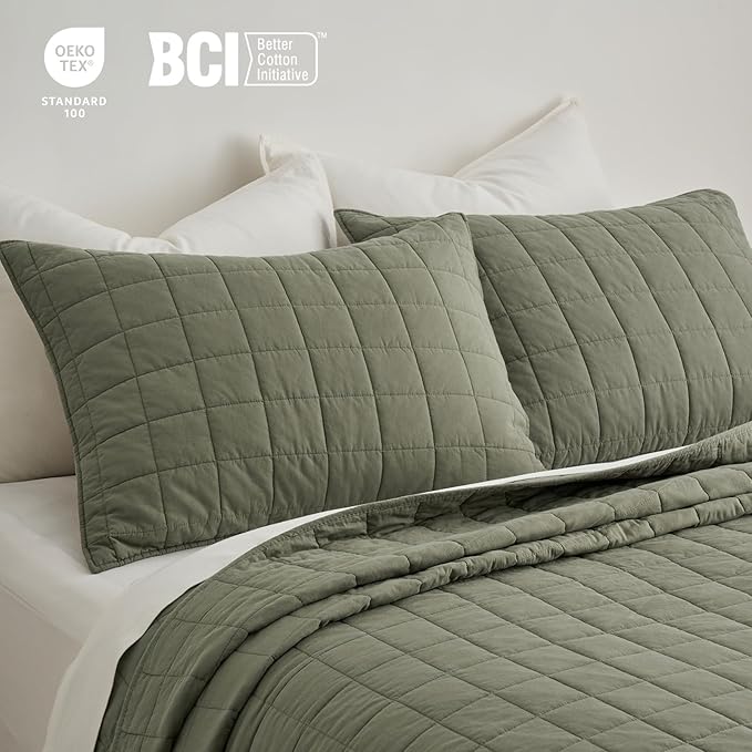 EVERGRACEHOME 100% Cotton Box Stitch Quilt Bedding Set King Size 3 Pieces, Garment-Washed Lightweight Soft Cozy Coverlet, Oversized Quilted Bedspread Sets with 2 Shams for All Season, Olive Green