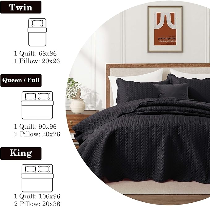 IR Imperial Rooms Queen Quilt Bedding Set Size (90" x 96") + 2 Pillow Shams (20" x 26"+ 2") - 3 Pcs All Season Lightweight Reversible Microfiber Coverlet Embossed Quilt Bedspread (Black)