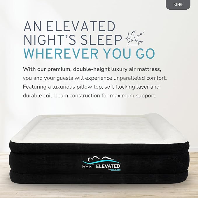 RestElevated Luxury Pillow Top King Size Air Mattress with Built in Pump | 20" Raised Height with Coil Beam Support | Adjustable Blow Up Air Bed | for Home, Guests and Camping [Black with Cream Top]