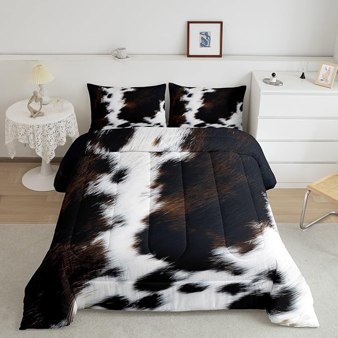 Brown Cowhide Comforter Set King,Black White Aztec Cow Print Bedding Set Western Farmhouse Animal Fur Down Comforter for Kids Boys Girls,Rustic Cowboy Quilt Duvet Set 2 Pillow Cases Bedroom Decor