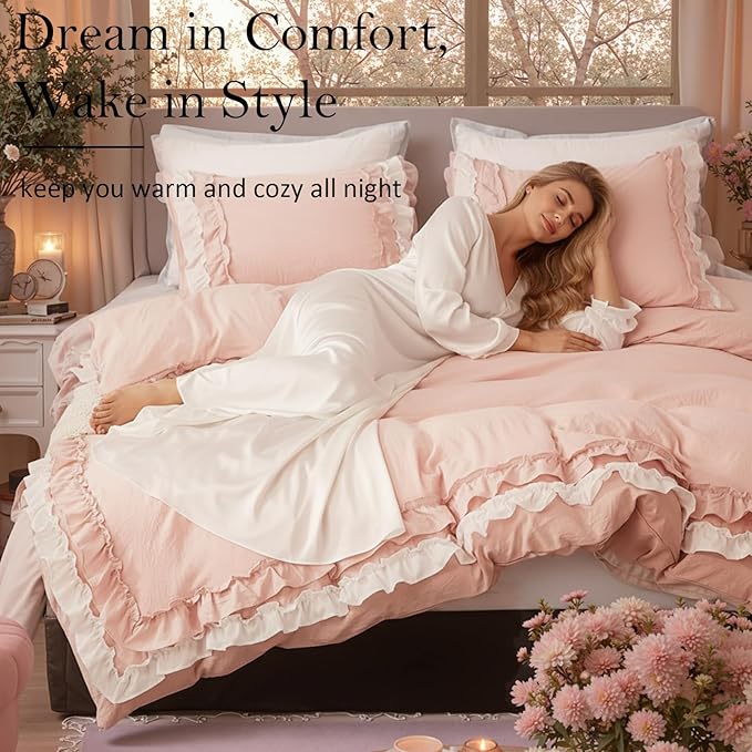 Bedorm Ruffle Duvet Cover Twin Coquette Bedding Ultra Soft Breathable Shabby Chic Bedding Pink Ruffled Duvet Cover Set Cute Comforter Cover