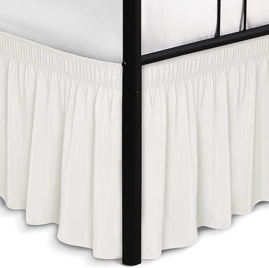 Biscaynebay Wrap Around Bed Skirts with Split Corners for King Beds 14" Drop, Ivory Elastic Dust Ruffles Adjustable Easy Fit Wrinkle & Fade Resistant Silky Luxurious Fabric Machine Washable
