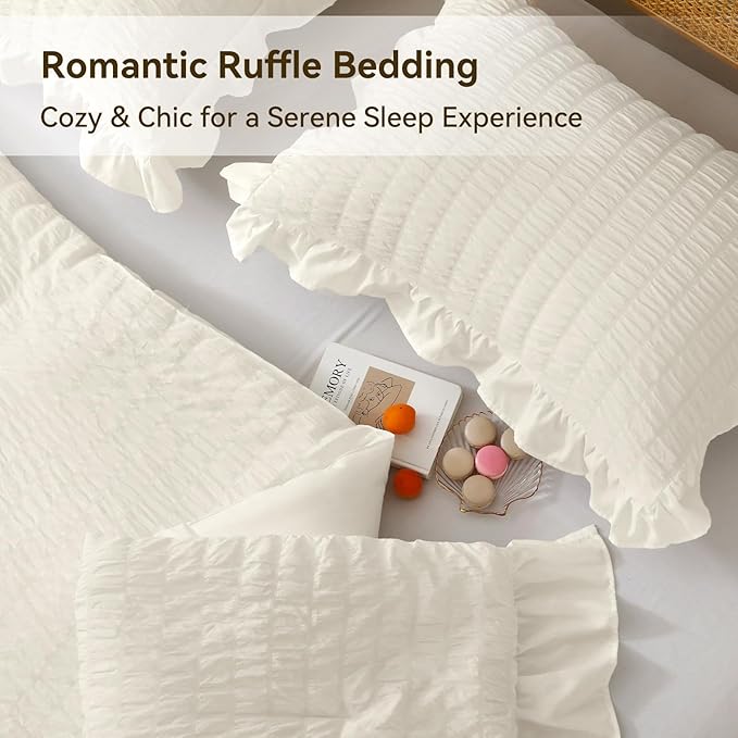 JOLLYVOGUE Ivory Twin Size Comforter Set, 2 Pieces Seersucker Lightweight Fluffy Bedding Set, Twin Ruffle Comforter, All Season Soft Microfiber Shabby Chic Bed Set