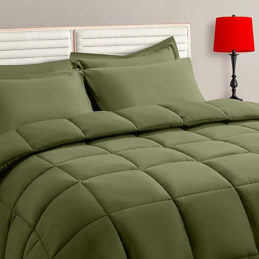 TAIMIT Olive Green Queen Size Comforter Set - 7 Pieces, Bed in a Bag Bedding Sets with All Season Soft Quilted Warm Fluffy Reversible Comforter,Flat Sheet,Fitted Sheet,2 Pillow Shams,2 Pillowcases