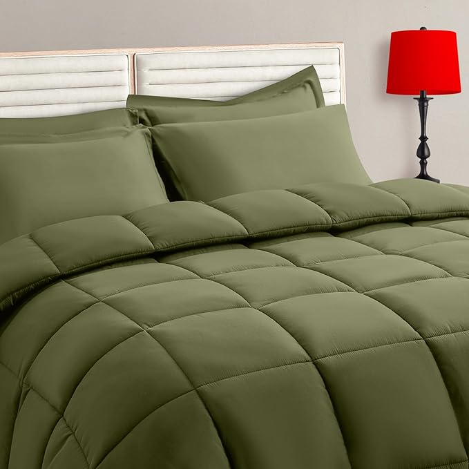 TAIMIT Olive Green Twin Size Comforter Set - 5 Pieces, Bed in a Bag Bedding Sets with All Season Soft Quilted Warm Fluffy Reversible Comforter,Flat Sheet,Fitted Sheet,1 Pillow Shams,1 Pillowcases