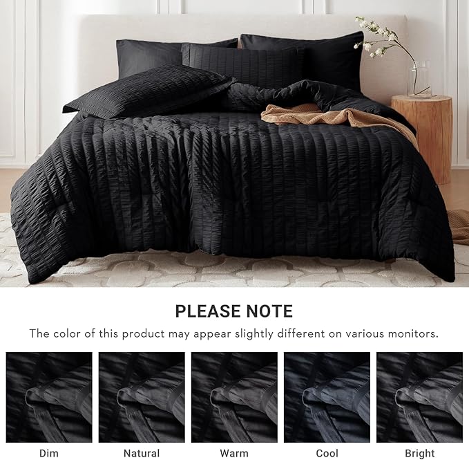MUXHOMO 5 Pieces Twin XL Comforter Set, Seersucker Bed in a Bag Twin XL Size, All Season Luxury Bedding Set with Comforter, Flat Sheet, Fitted Sheet, Pillowcase & Sham, Black