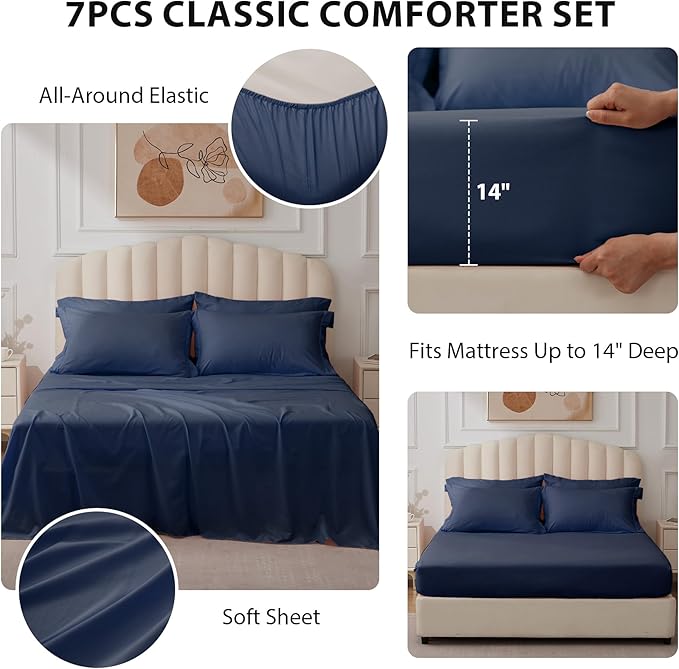 King Comforter Set Navy - Bed in a Bag King Size 7 Pieces, Soft Bedding Set for All Seasons, Premium King Comforter Set with Comforter, Sheets, Pillowcases & Shams