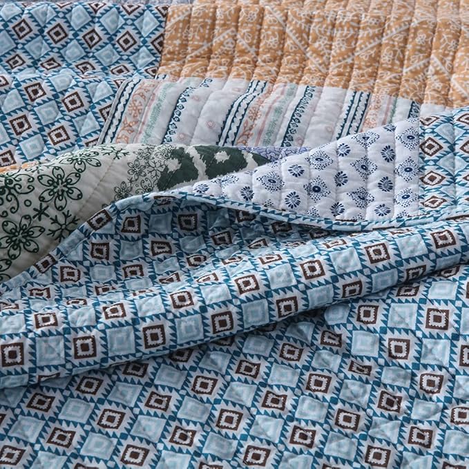 Autumn Dream Cotton Bedspread Quilt Sets Reversible Bedding Coverlet Sets Comforter, Vintage Floral Paisley Patchwork Bohemian Blue Bedspread, King Size | Breathable material, Reversible, Handmade patchwork, Soft durable, Jacquard stitching, Machine wa...